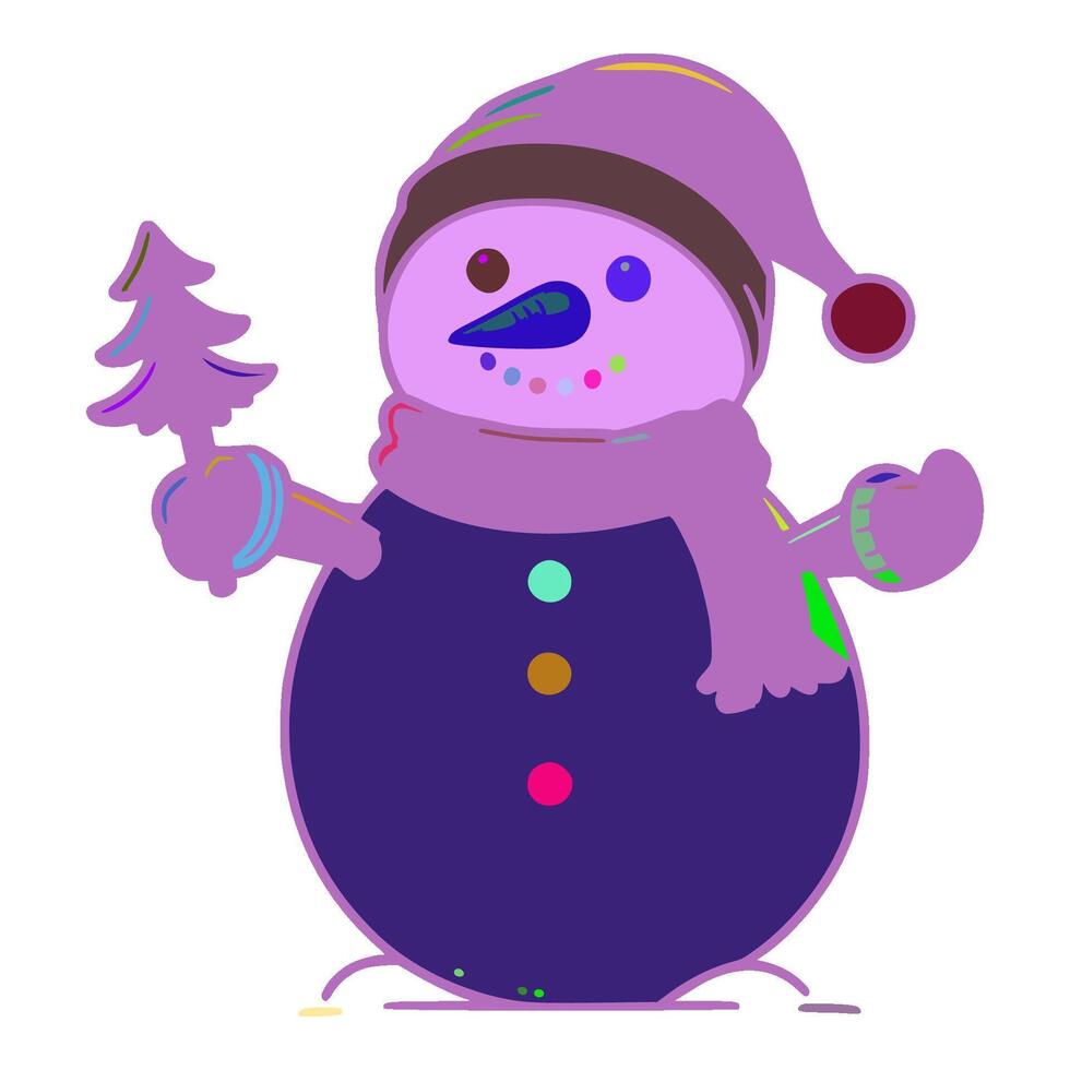 The snowman is wearing a purple hat and a purple scarf. He has a blue nose and black eyes. He is holding a snowflake in his hand. He also has a black scarf around his neck. vector