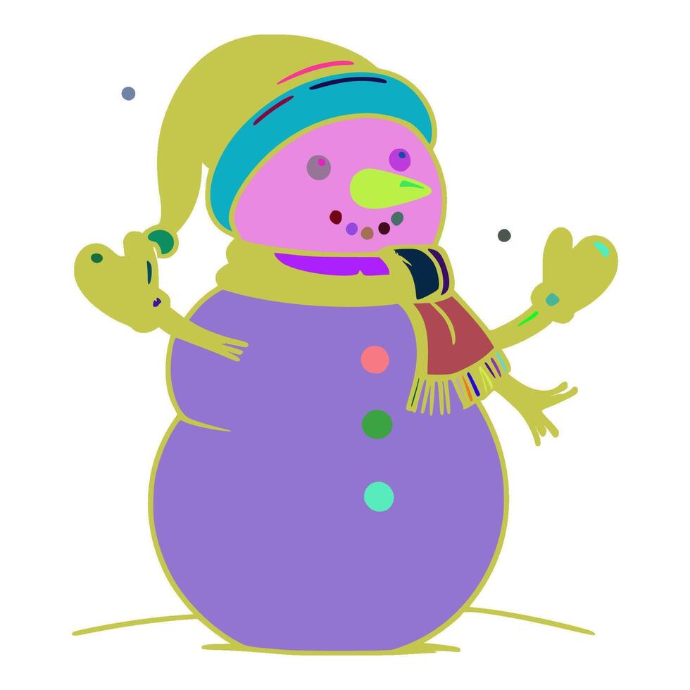 The snowman is wearing a scarf around its neck. The scarf is yellow and red. There is a purple snowman on the snowman's feet. The girl has blonde hair and a blue hat on her head. vector