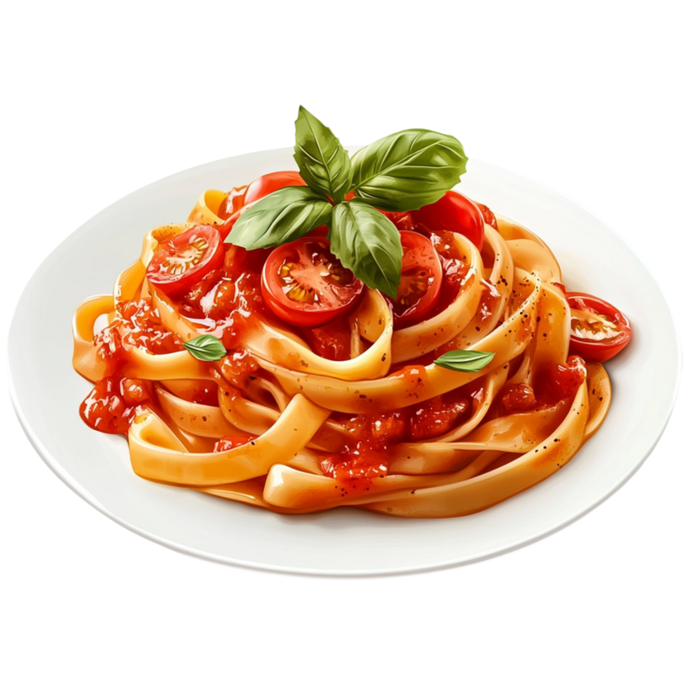 A plate of pasta with tomato sauce and basil leaves png