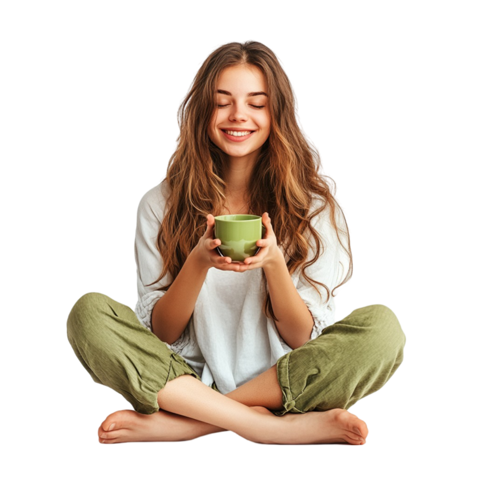 A woman sitting on the floor holding a green cup png