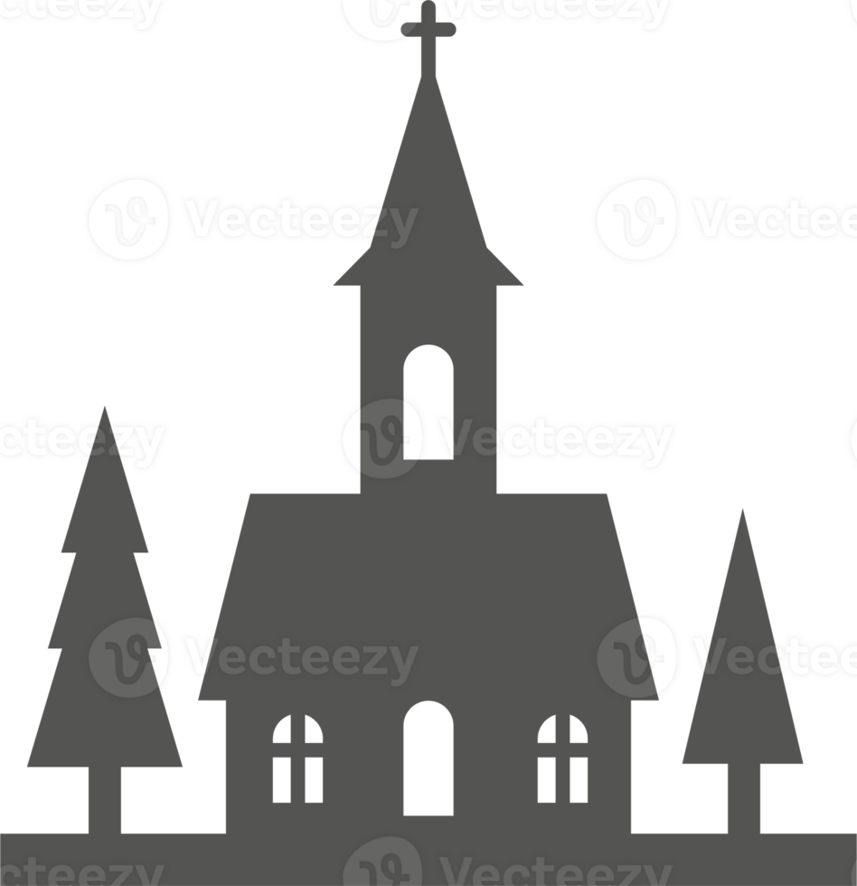 silhouette di Chiesa su orizzonte. Quartiere riga di le case. piccolo nero villaggio. Natale rurale paesaggio con pelliccia alberi. carino nazione edifici png