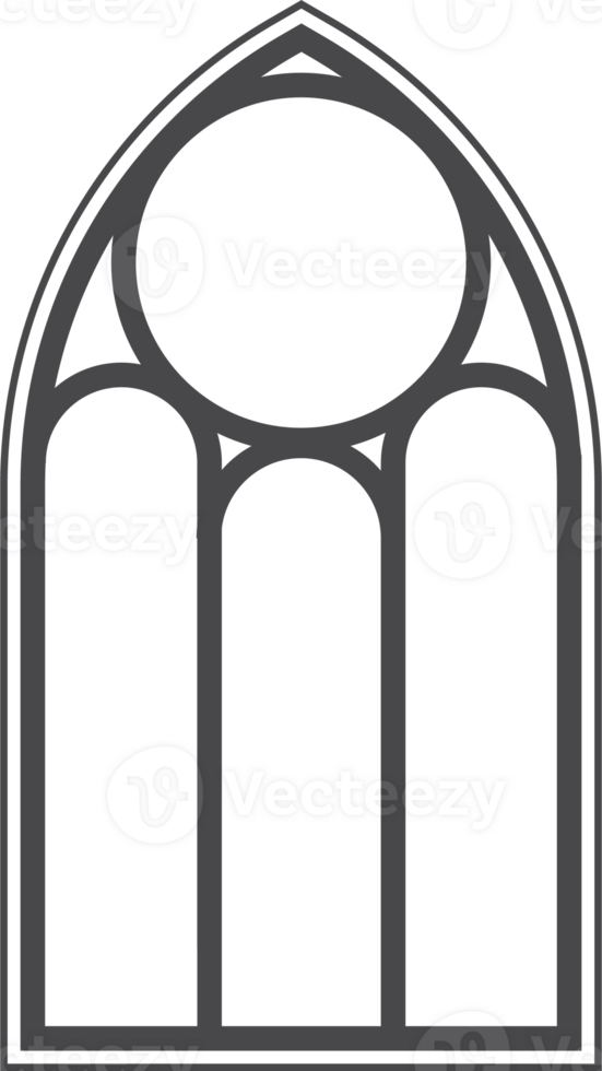 Gothic church window. Cathedral stained glass arch. Frame with pattern. Element of catholic medieval architecture. Old vintage frame silhouette png