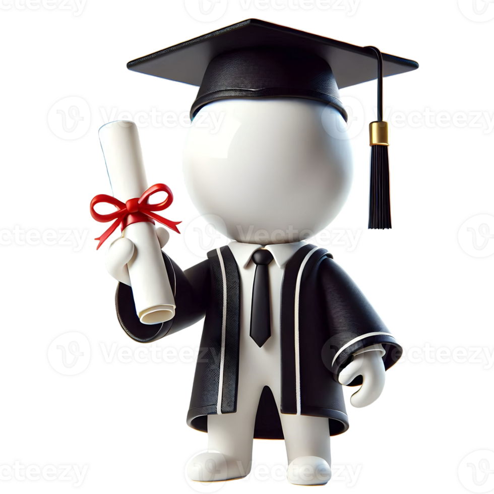 White Figure in Striped Gown with Graduation Cap Holding Diploma Isolated on Transparent Background png