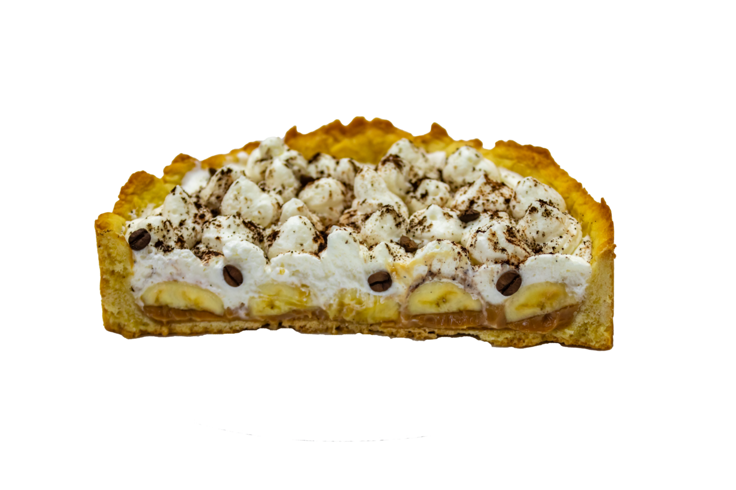 Authentic banoffee cake with banana and caramel sauce filling sprinkled with grated dark chocolate and coffee . English traditional pie Image png