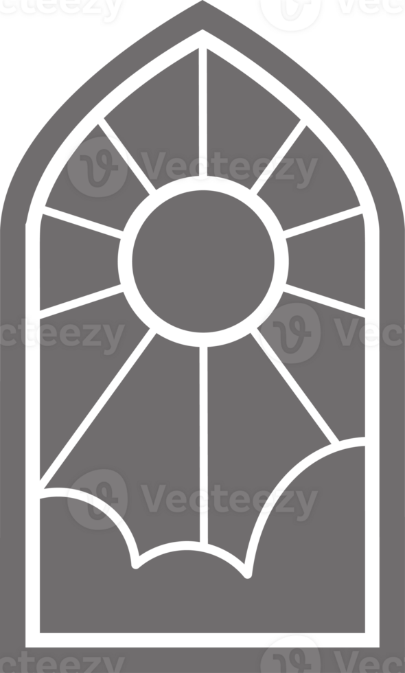 Church glass window. Stained mosaic catholic and christian frame with sun. Gothic medieval outline arch png