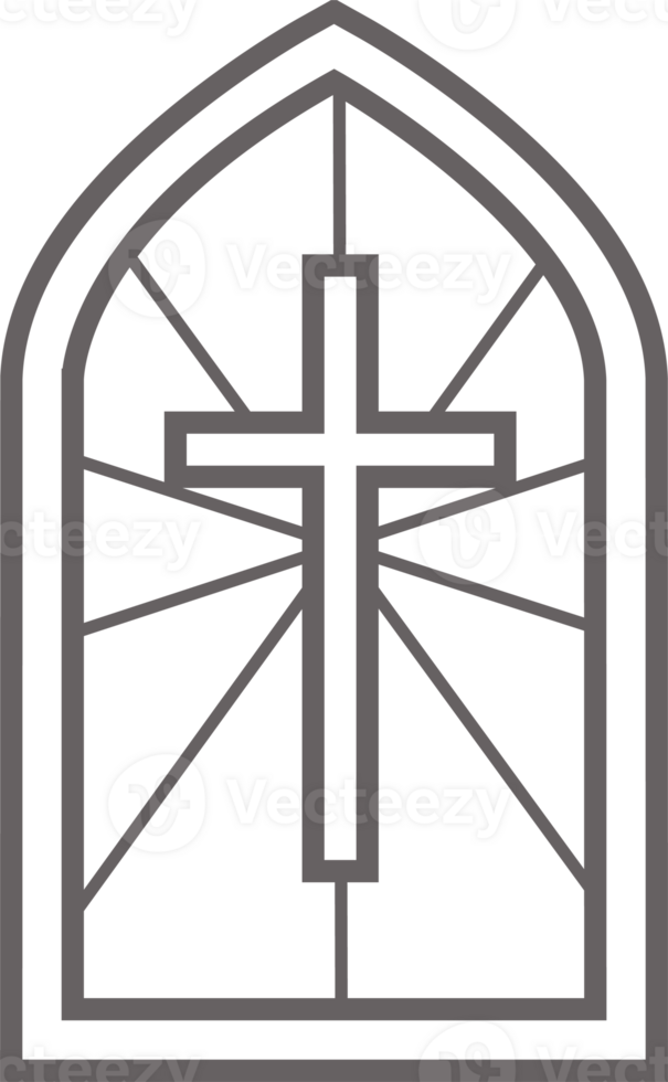 Church glass window. Stained mosaic catholic and christian frame with cross. Gothic medieval outline arch png