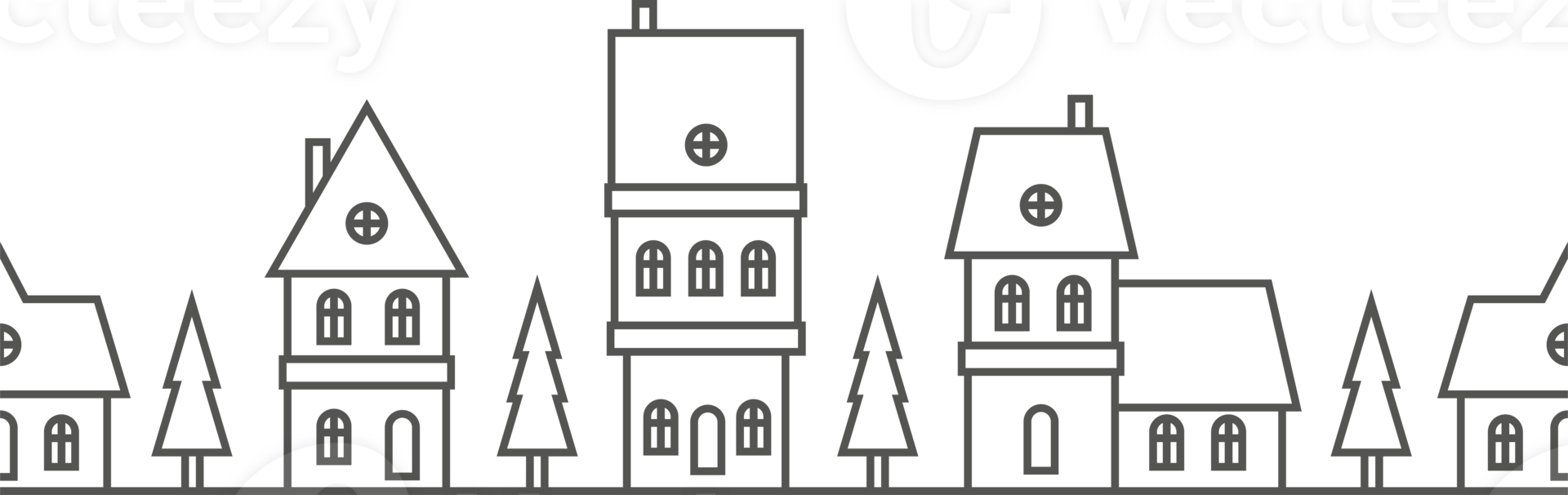 Christmas winter houses. Outline silhouette of neighborhood. Seamless border with skyline of cute buildings church and fur trees. Horizontal panorama with row of cozy homes. png