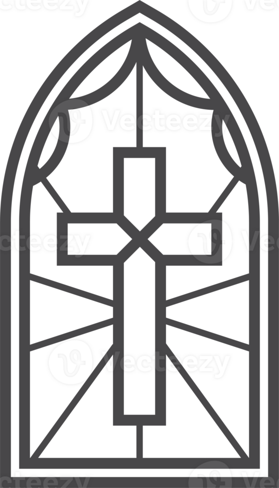 Church glass window with catholic cross. Gothic cathedral arch with pattern. Medieval stained frame. Silhouette of vintage architecture outline illustration png