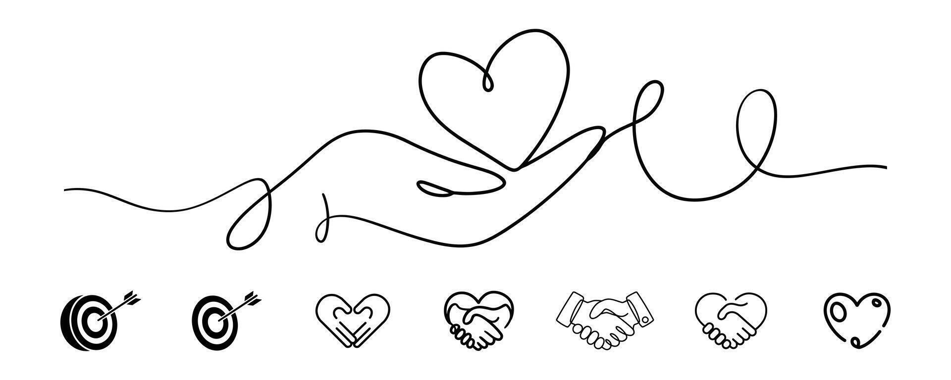One-line drawing of a hand offering a heart, symbolizing love and partnership. vector