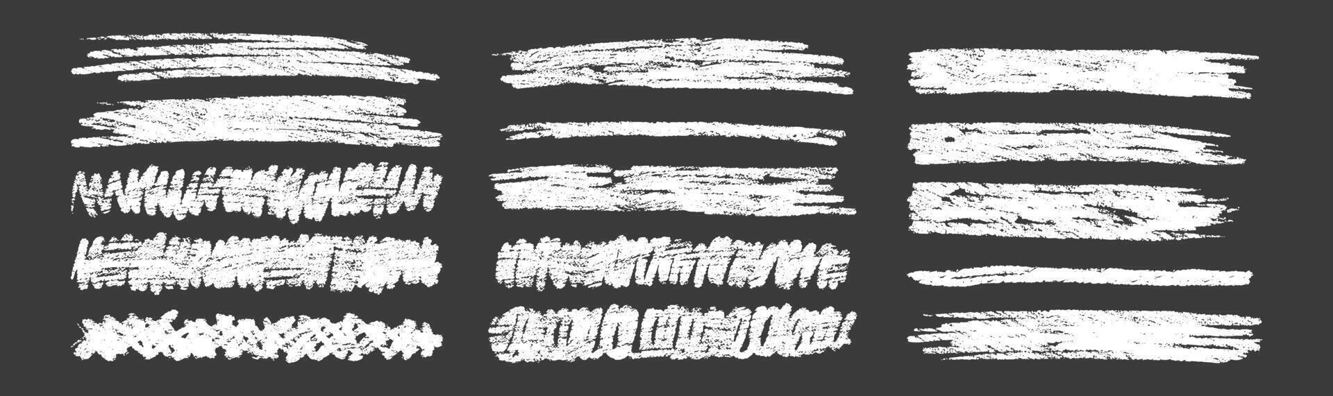 Set of chalk highlight and texture emphasis. Crayon scribbles and zigzags on a black background. Handwriting illustration. vector