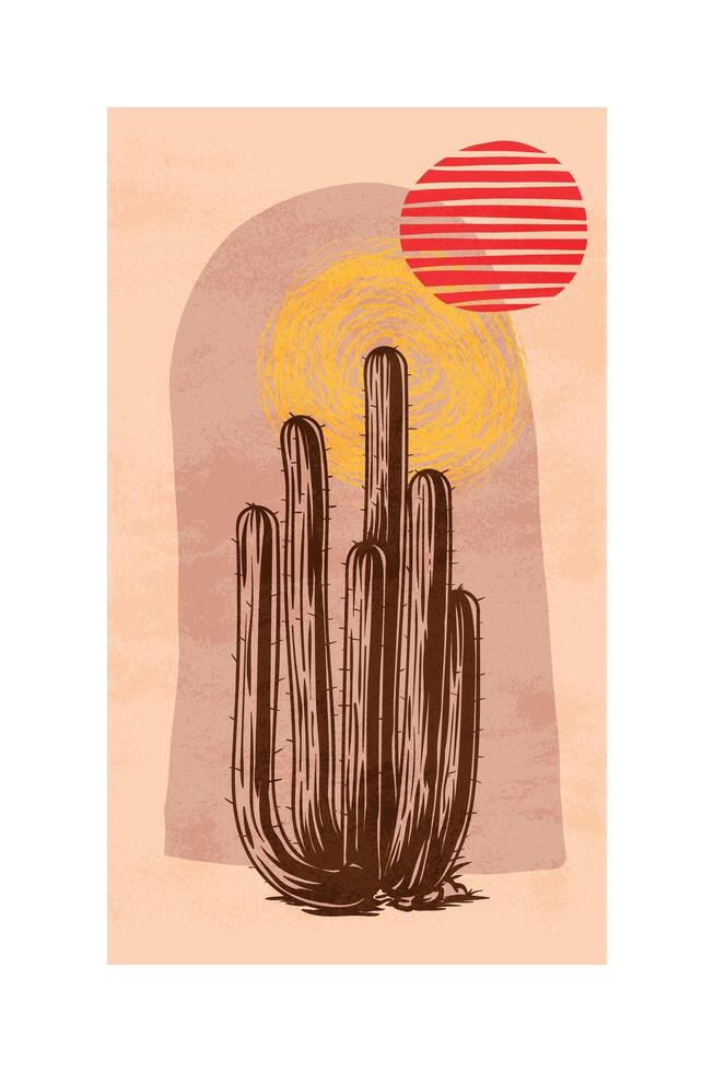 Saguaro Cactus Design with Bold Colors and Retro Texture. The textured background enhances the retro aesthetic, making it suitable for creative and decorative projects. vector
