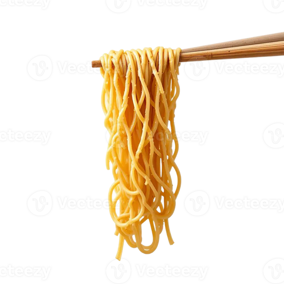 A close-up of delicious, tossed noodles held by chopsticks on transparent background. png