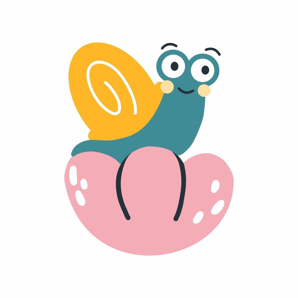 Cute snail is sitting on flower. illustration for children in style of doodles. Postcard design element. vector
