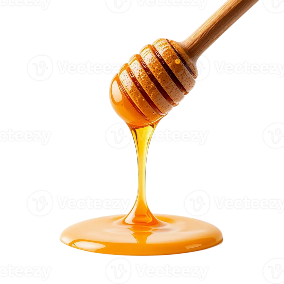Honey dripping from a wooden honey dipper on transparent background. png