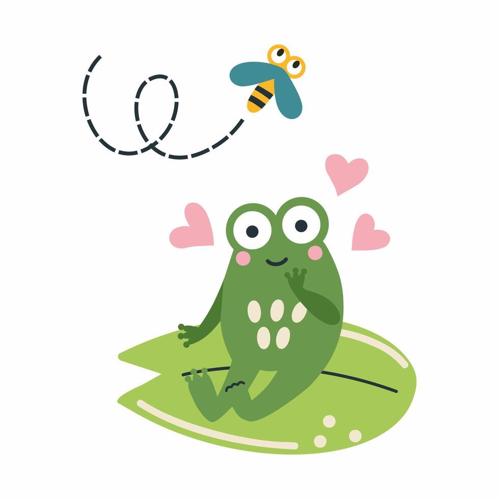 Cute frog is sitting on lily pad.illustration for children in style of doodles. Postcard design element. vector