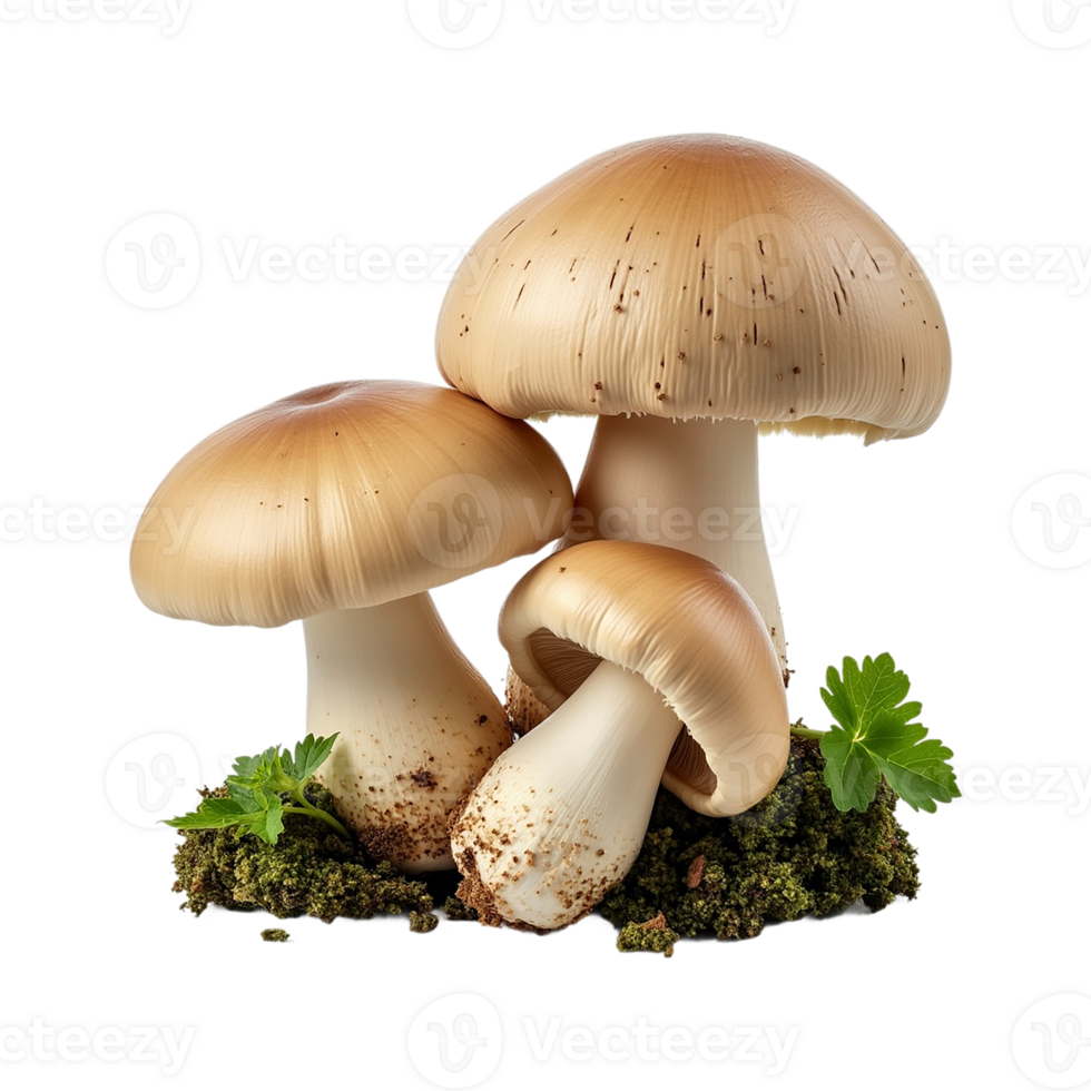 A detailed close-up of three mushroom against a transparent background. png