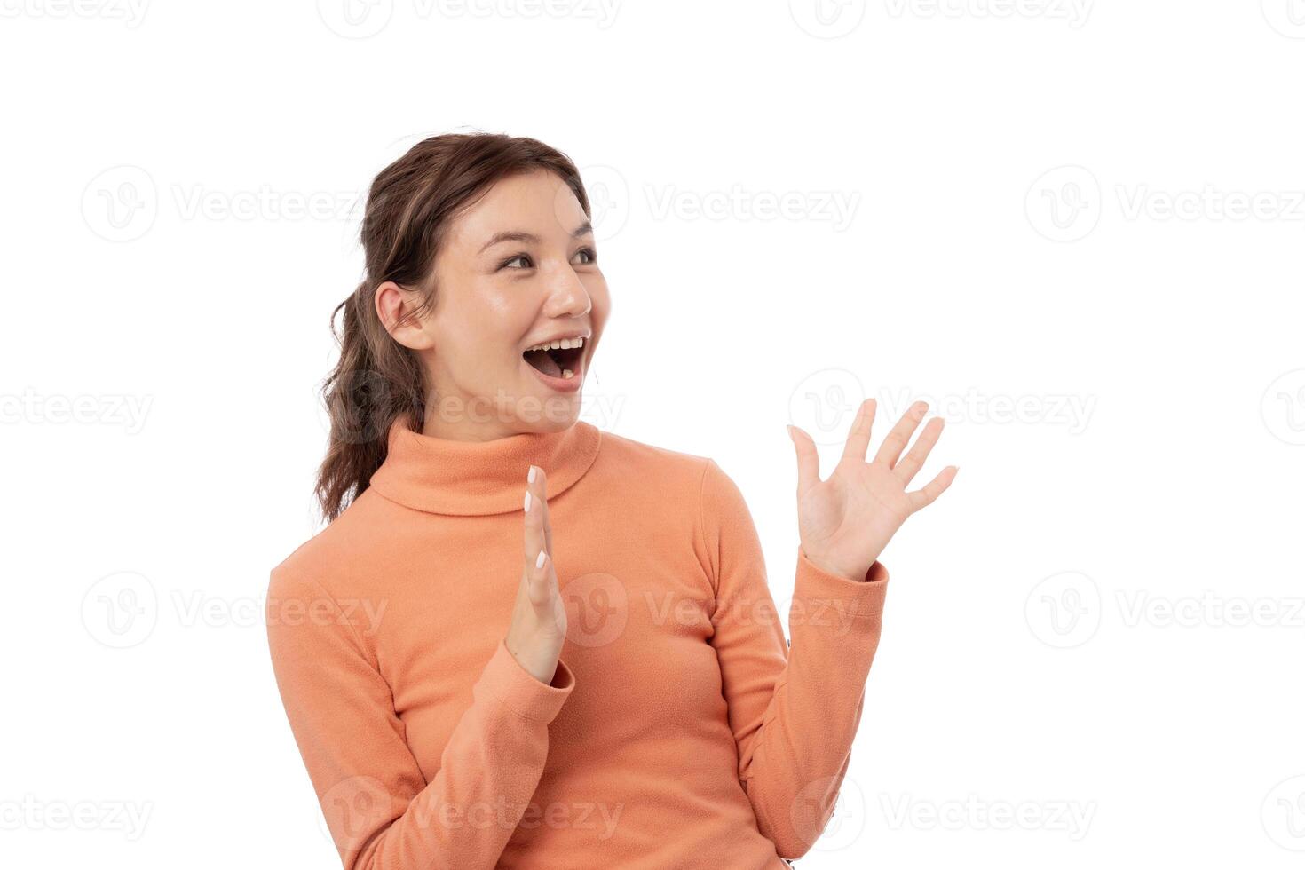 Asian beautiful woman exited surprise face expression . female feels shocked. exciting smile and happy adorable rejoices. Very enjoy and fun relax time. wow, girl holding smartphone. Smile. photo