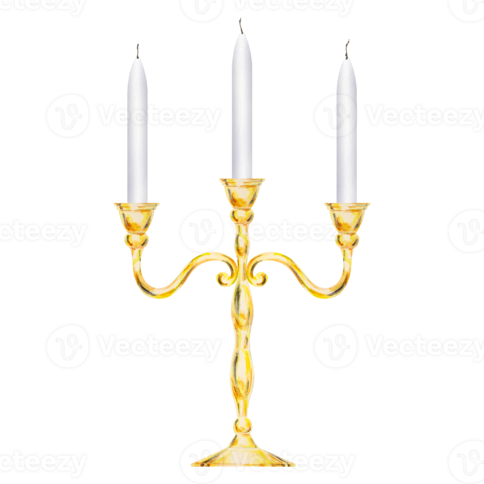 Watercolor isolated clipart of elegant gold candelabra with three white candles, candlestick with candles. Perfect for weddings, event decor, romantic dinners, Valentine's Day, Christmas png