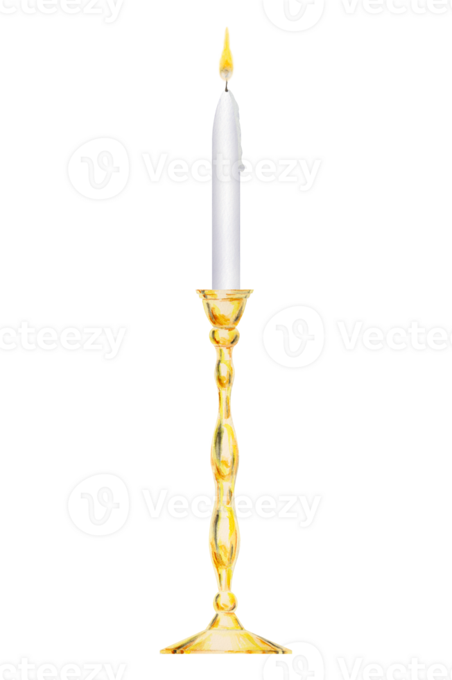 Watercolor isolated clipart of elegant gold candelabra, metal candlestick and white candle burning with yellow flame. Perfect for weddings, event decor, romantic dinners, Valentine's Day, Christmas png