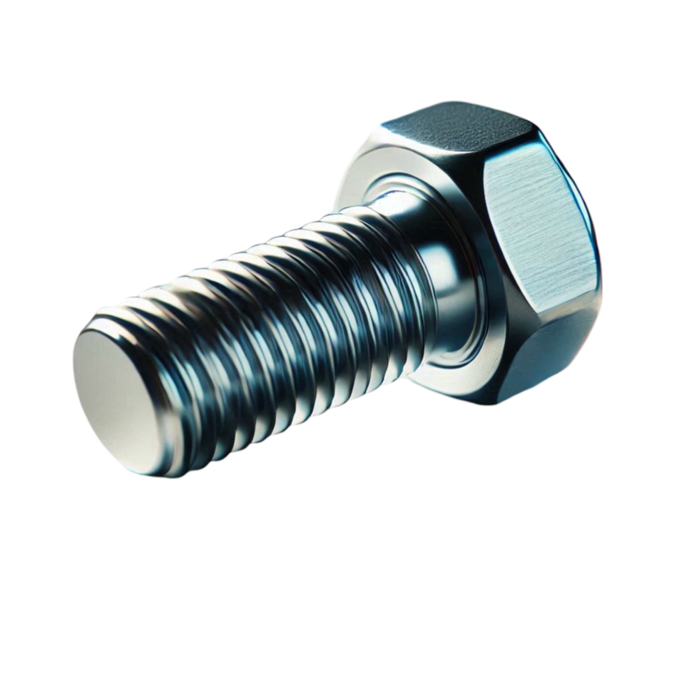 A hexagonal bolt with a shiny metallic thread, isolated on a transparent background. png