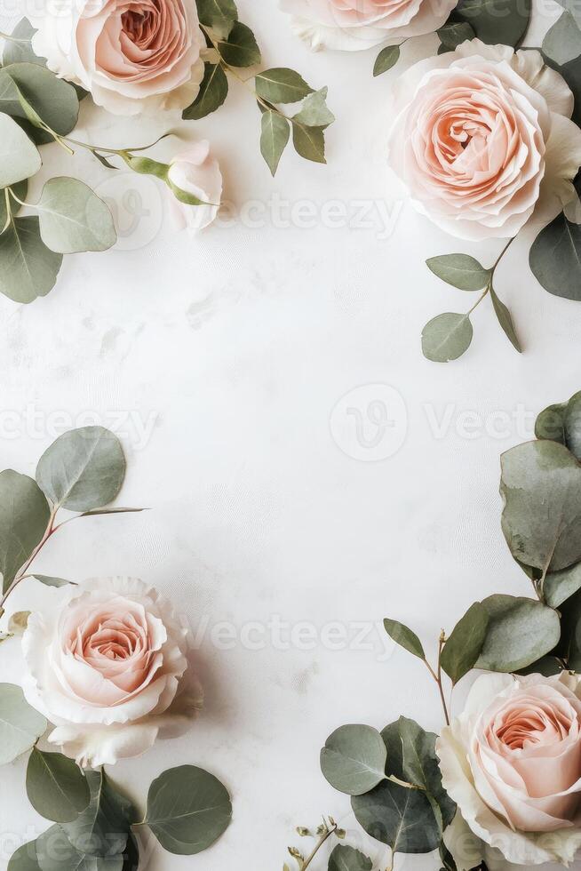 Floral frame featuring light pink roses and green eucalyptus leaves on a white background. photo