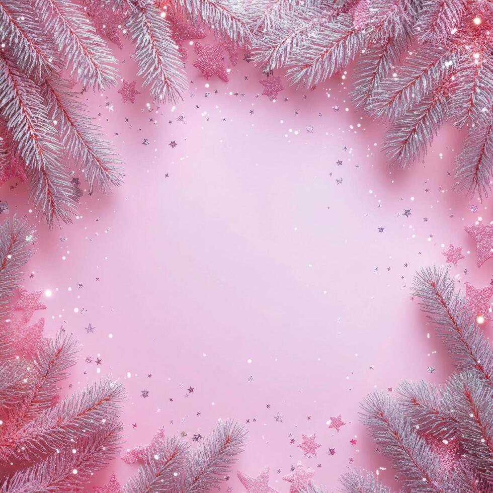 Christmas Holiday pink background, pine branches. Copy space photo