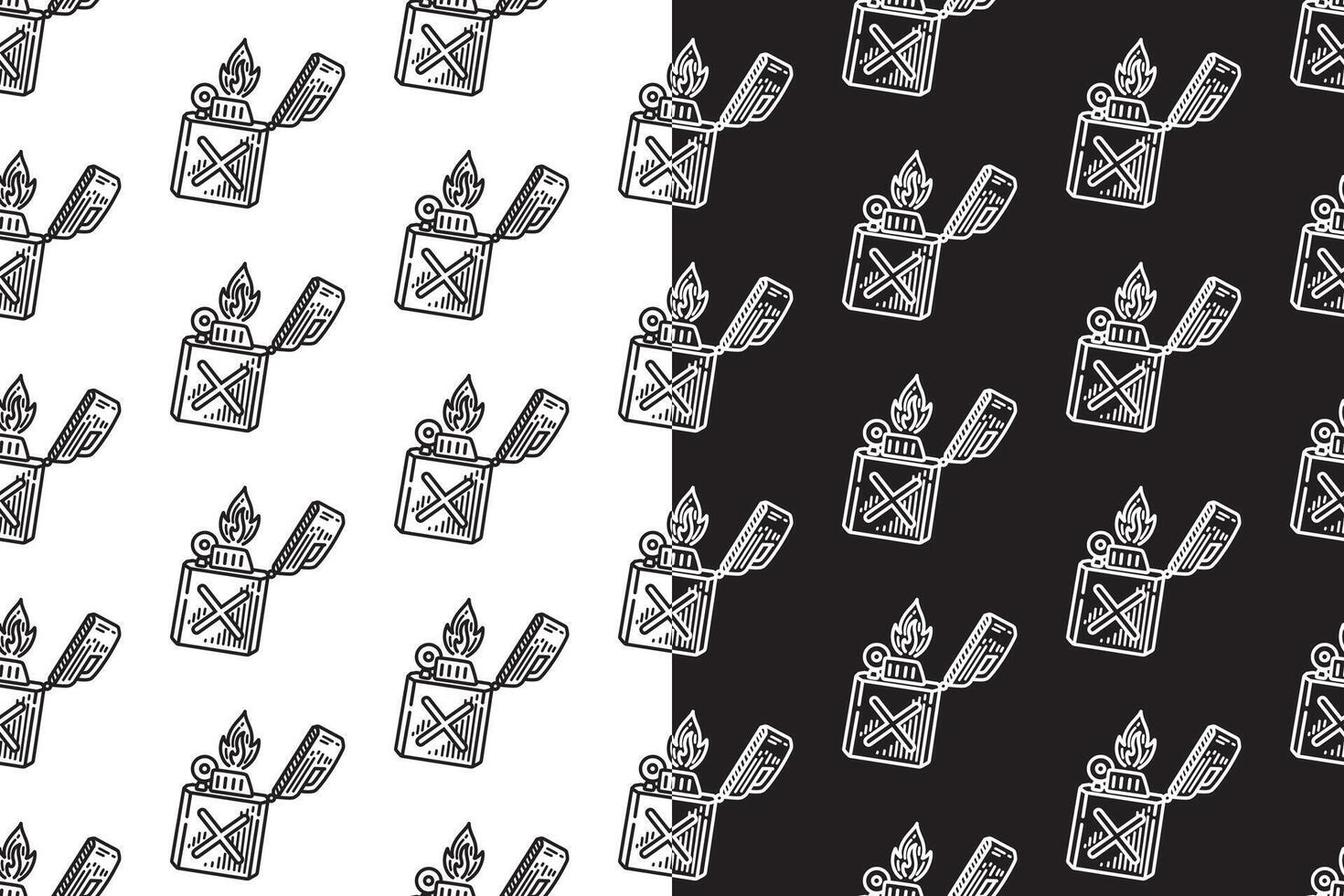 fire lighter with jerrycan shape doodle seamless pattern on black white background set. engraving lighter background. lighter hatching wallpaper. pattern background with fire lighter for adventure vector