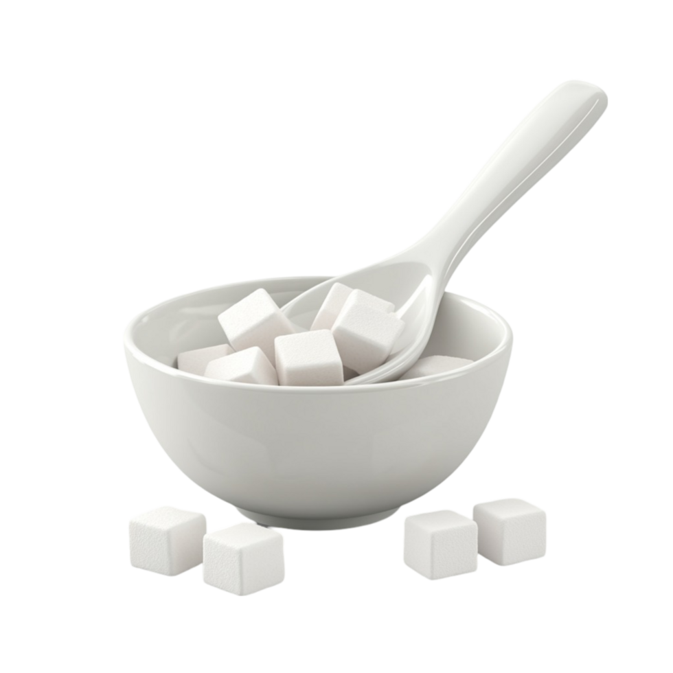 White sugar cubes in a bowl with a spoon png