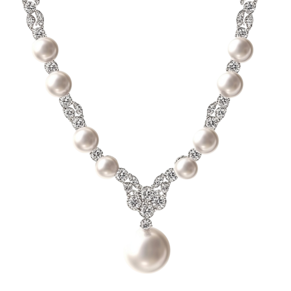 A white pearl necklace with diamonds png