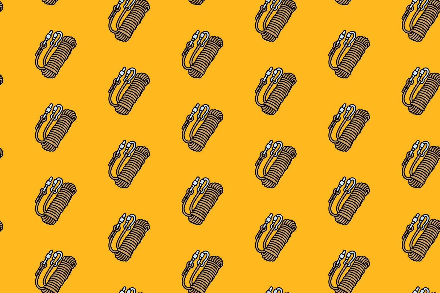 kernmantle rope with carabiner colorful doodle seamless pattern on yellow background. retro outdoor rope background. hank of rope pattern wallpaper. pattern background with kernmantle for adventure vector