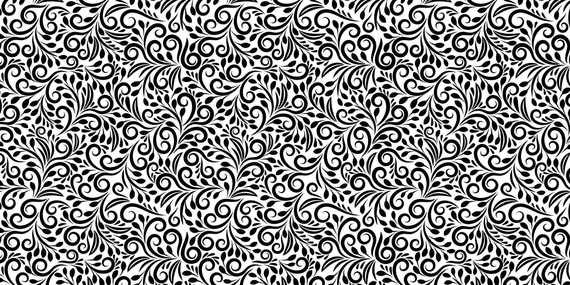 Black and white seamless pattern with leaves and curls. Monochrome abstract floral background. Stylish monochrome texture. vector