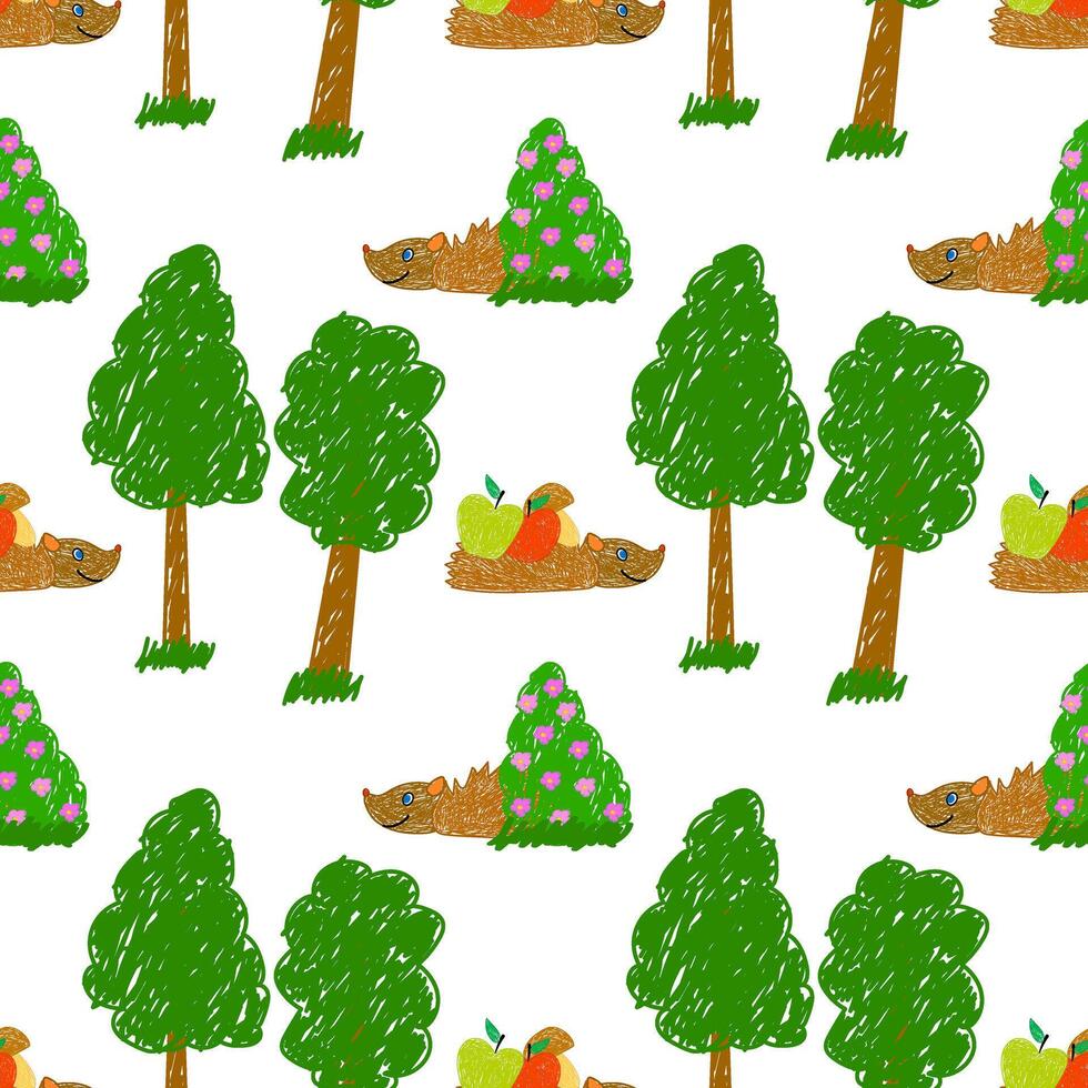 Whimsical hand-drawn hedgehogs with apples, trees, and bushes in a seamless pattern. Fun, colorful design on white. vector