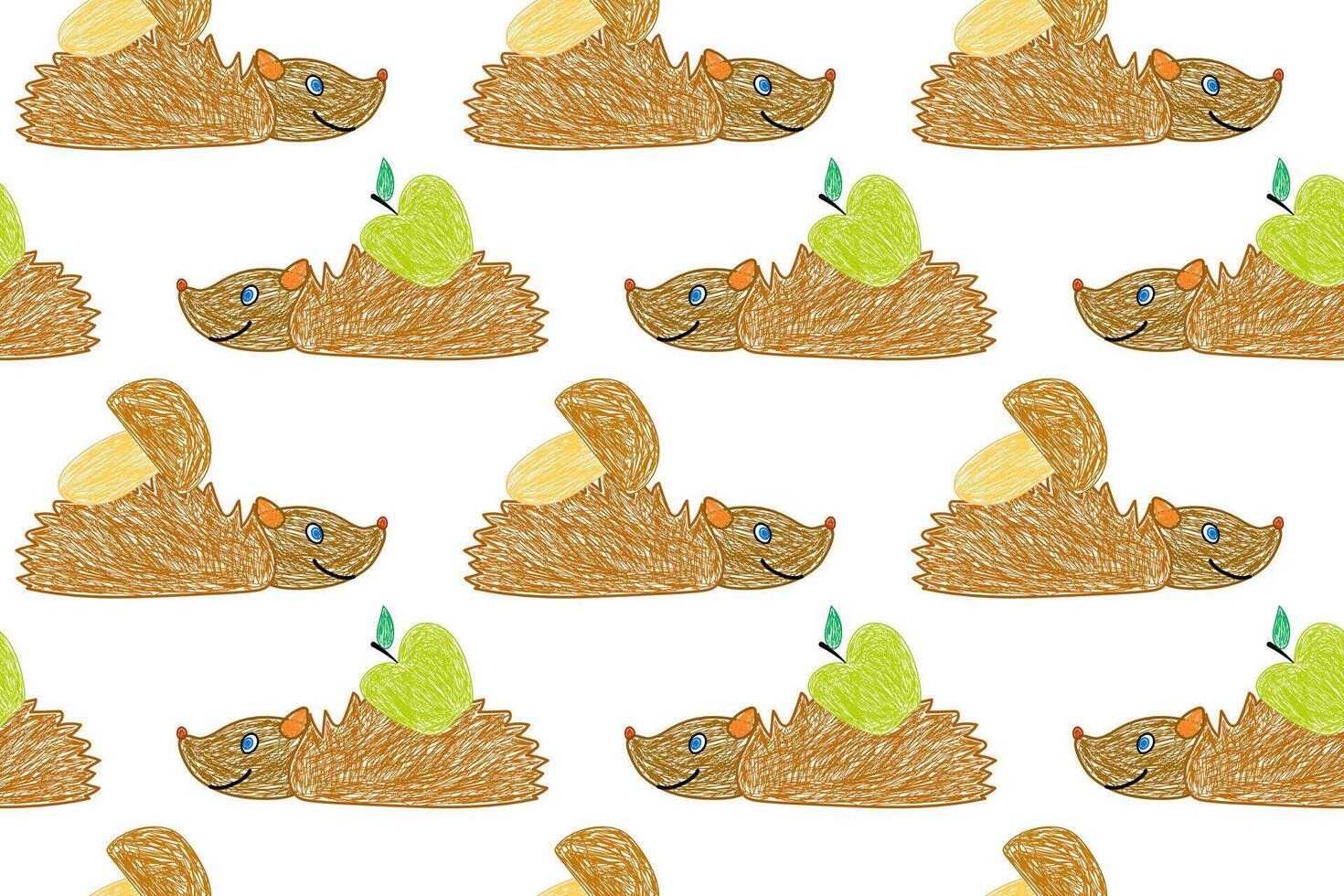 Playful seamless pattern of hand-drawn hedgehogs carrying green apples and mushrooms in a whimsical cartoon style. vector