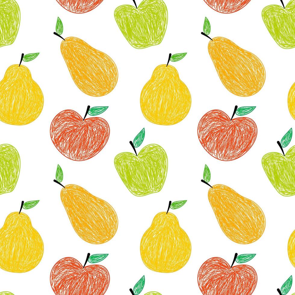 Hand-drawn apples and pears in a colorful seamless pattern on a white background, perfect for designs. vector