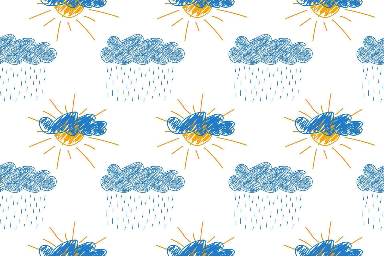 Colorful seamless pattern of hand-drawn clouds, sun, and rain in a whimsical doodle style. vector