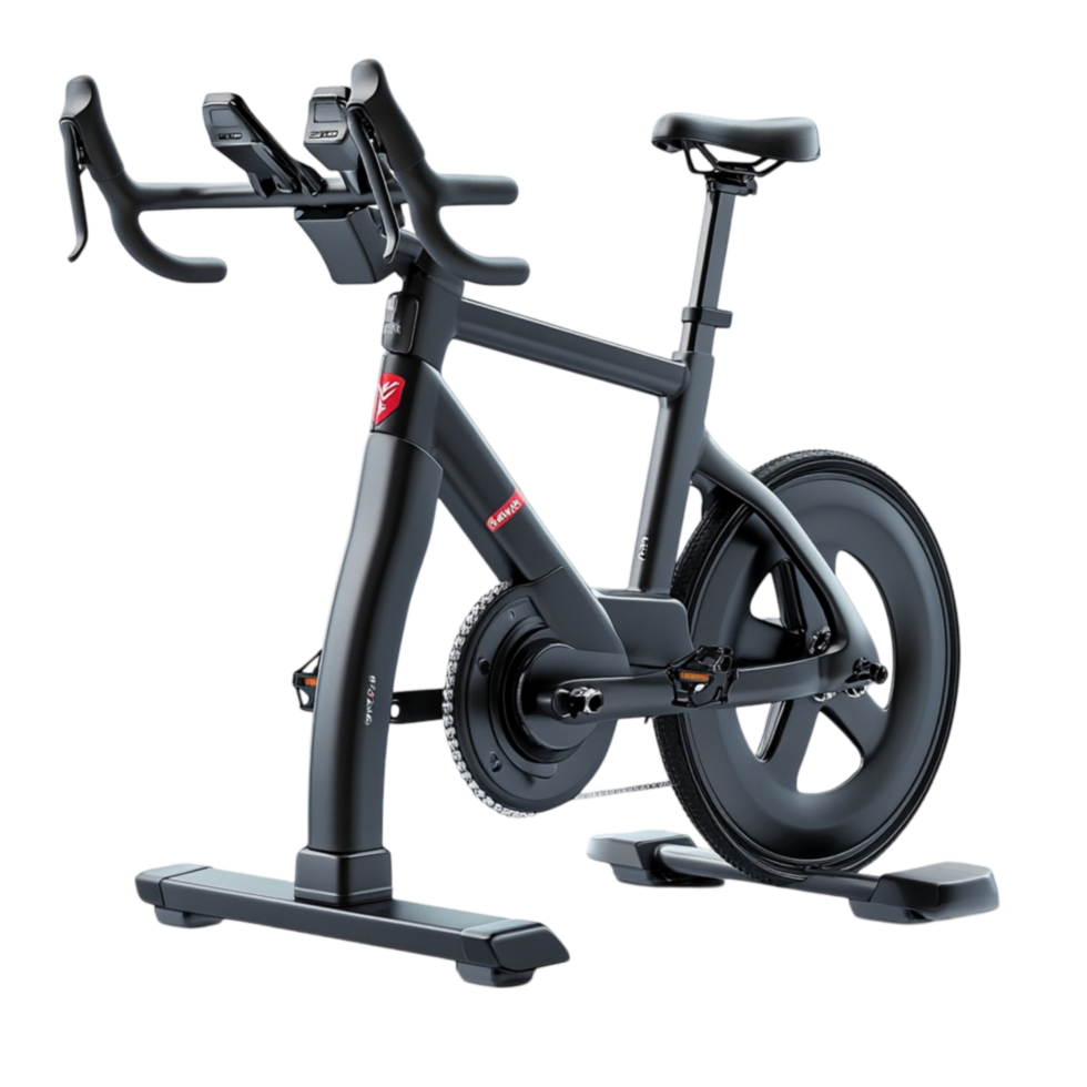 The indoor bike is shown in black and red png