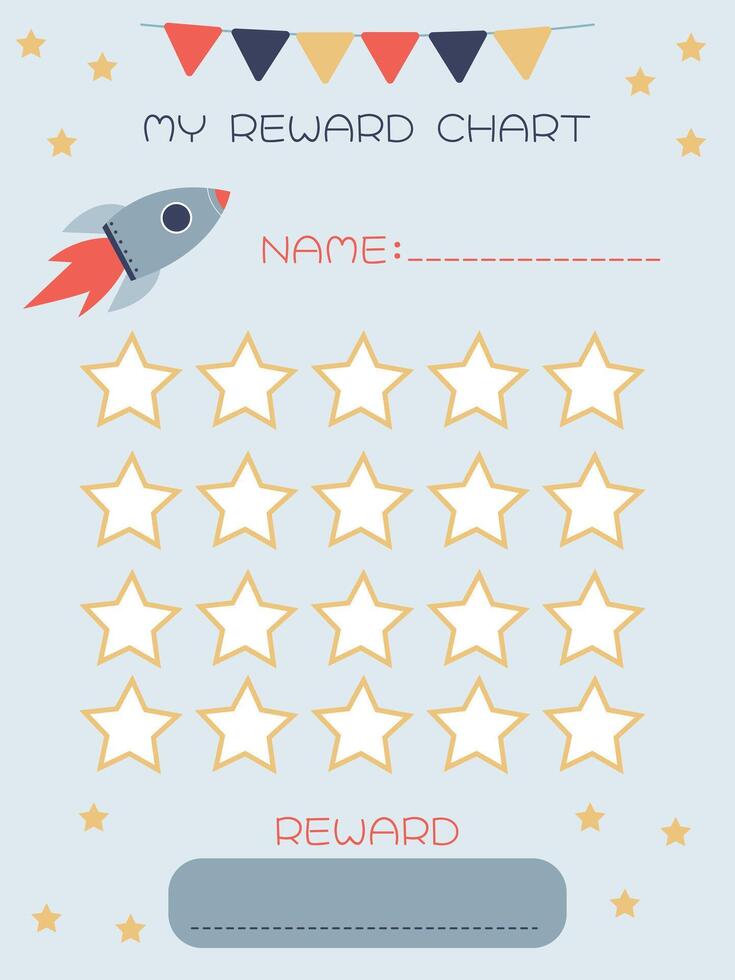 a space-themed habit tracker for kids with a rocket and stars vector