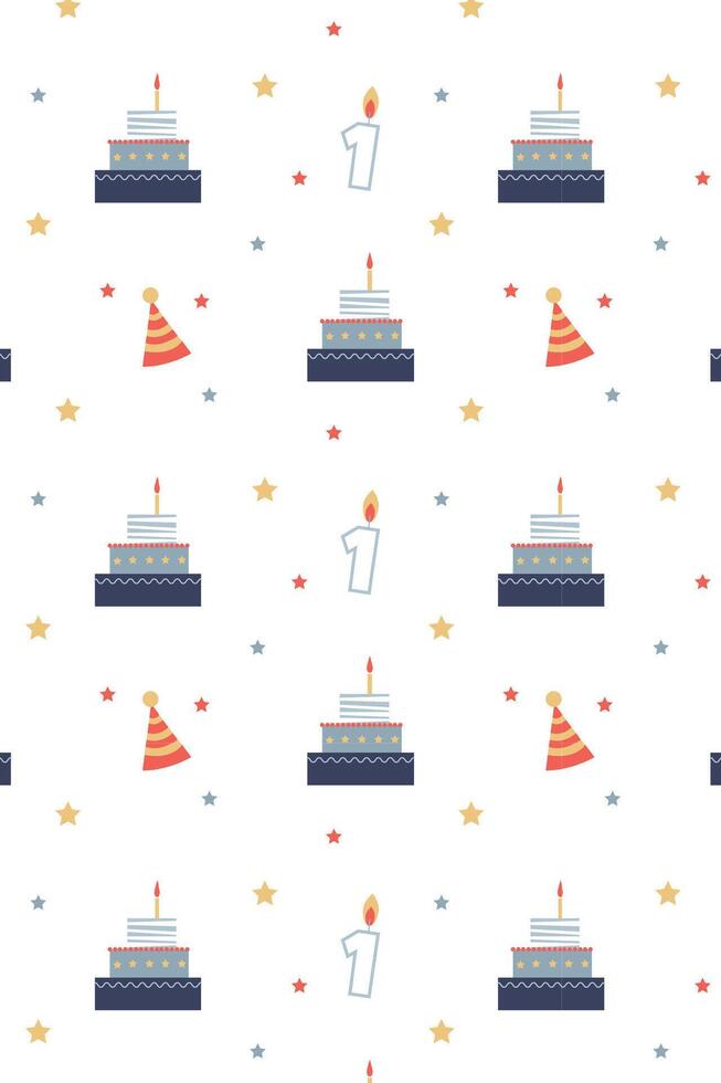 cute birthday pattern with cake, hat and stars on a white background vector