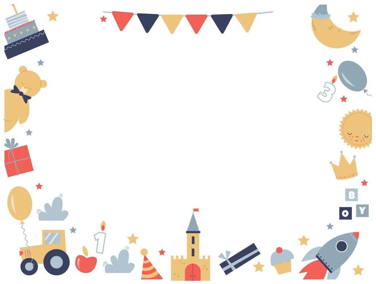 template of a bright children's frame with cute toys and empty space in the middle vector