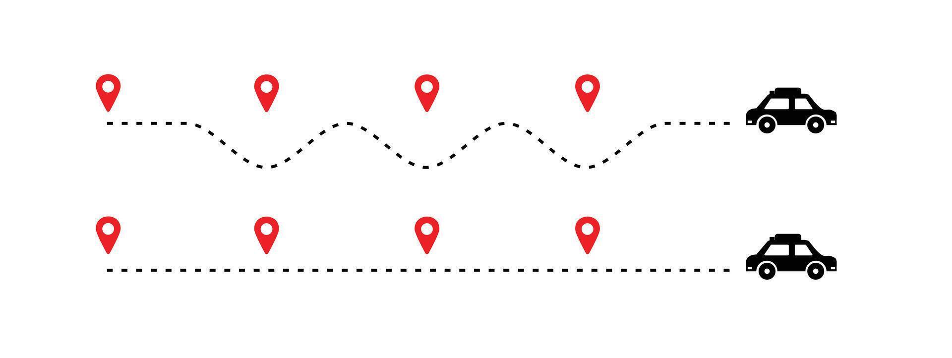 travel timeline dots, car route dotted line with red map pins, transportation route chart vector