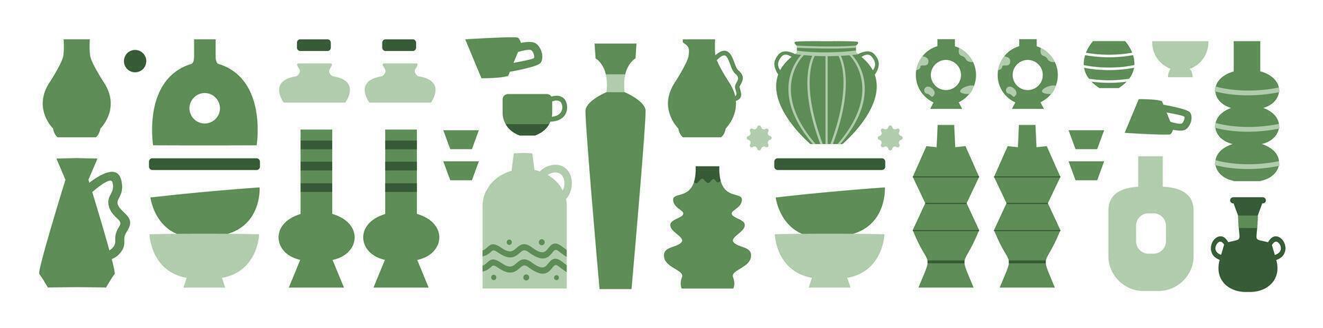 Collection of modern ceramic vases and pottery with various shapes. Minimalist antique ceramic pattern for interior vector