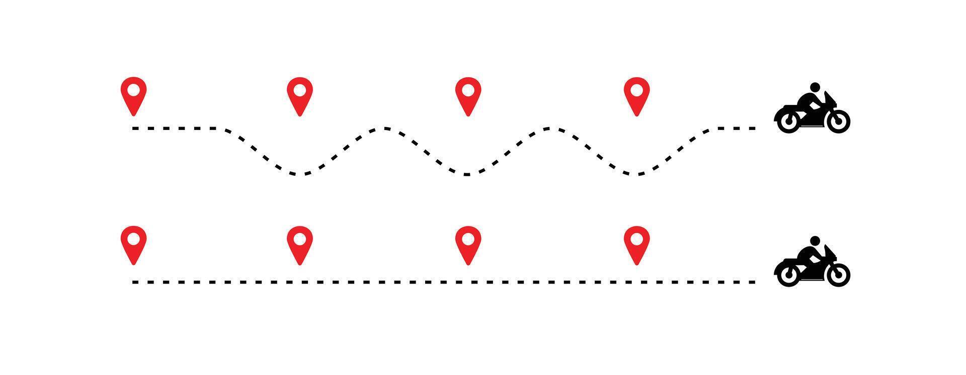 travel timeline dots, motorcycle route dotted line with red map pins, transportation route chart vector