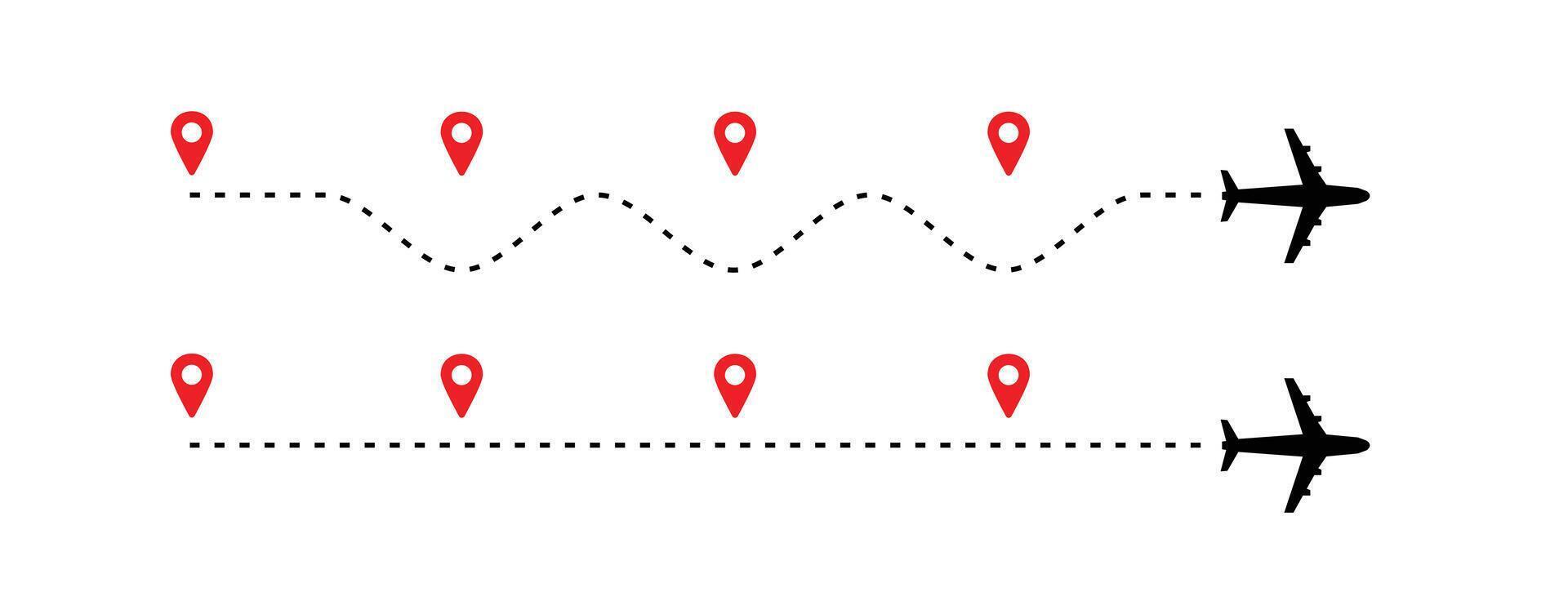 travel timeline dots, airplane route dotted line with red map pins, transportation route chart vector