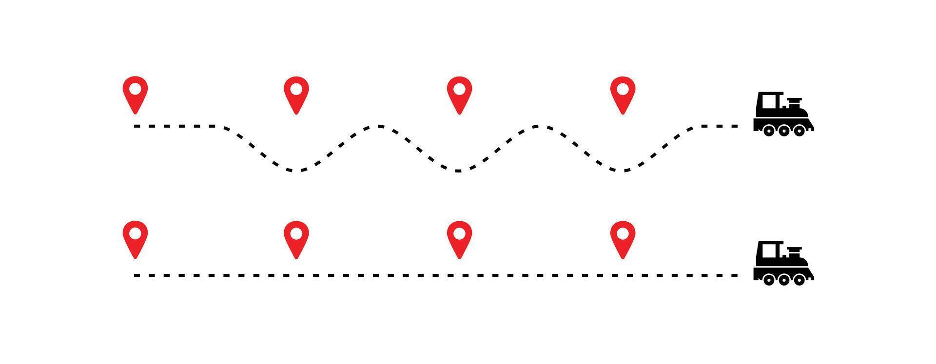 travel timeline dots, train route dotted line with red map pins, transportation route chart vector