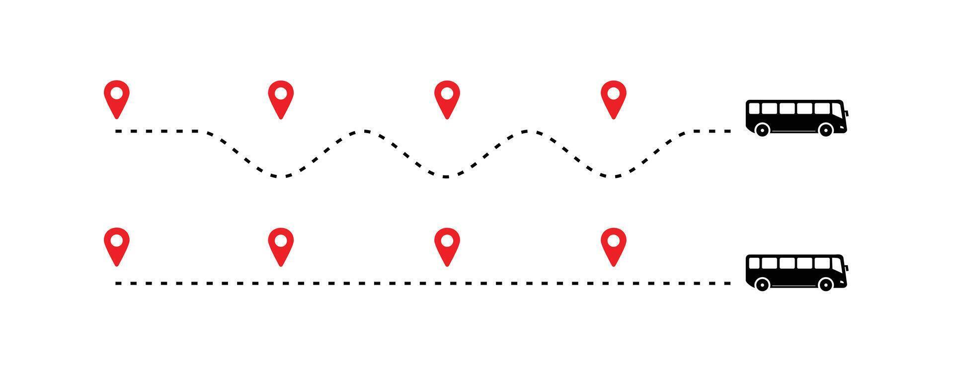 travel timeline dots, bus route dotted line with red map pins, transportation route chart vector
