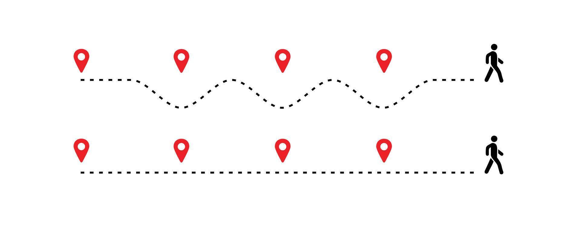 travel timeline dots, pedestrian route dotted line with red map pins, transportation route chart. vector