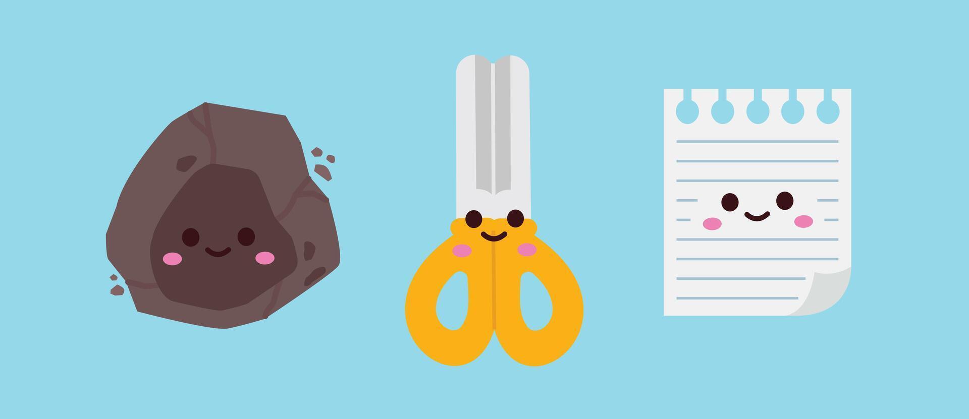 Cute character illustration. Rock, paper, scissors, Rochambeau game design suitable for posters and web. vector