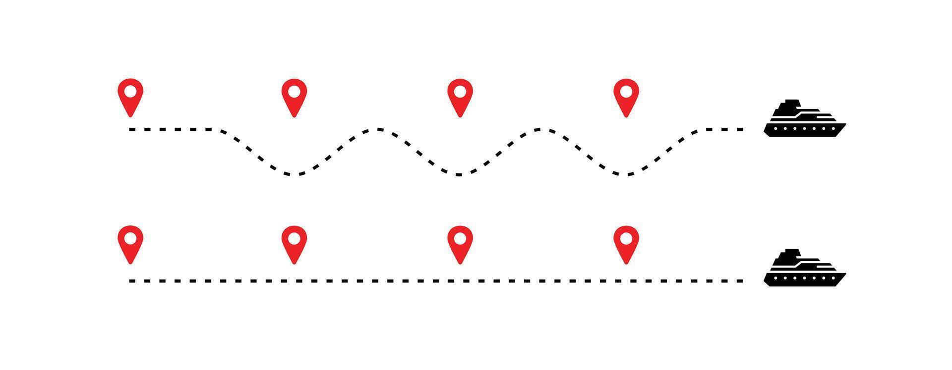 travel timeline dots, ship route dotted line with red map pins, transportation route chart vector