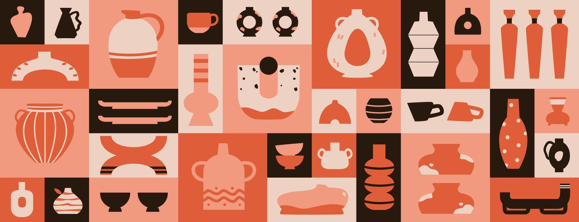combination of modern pottery, vases and ceramics in various geometric shapes. Minimalist antique ceramic patterns for interiors vector