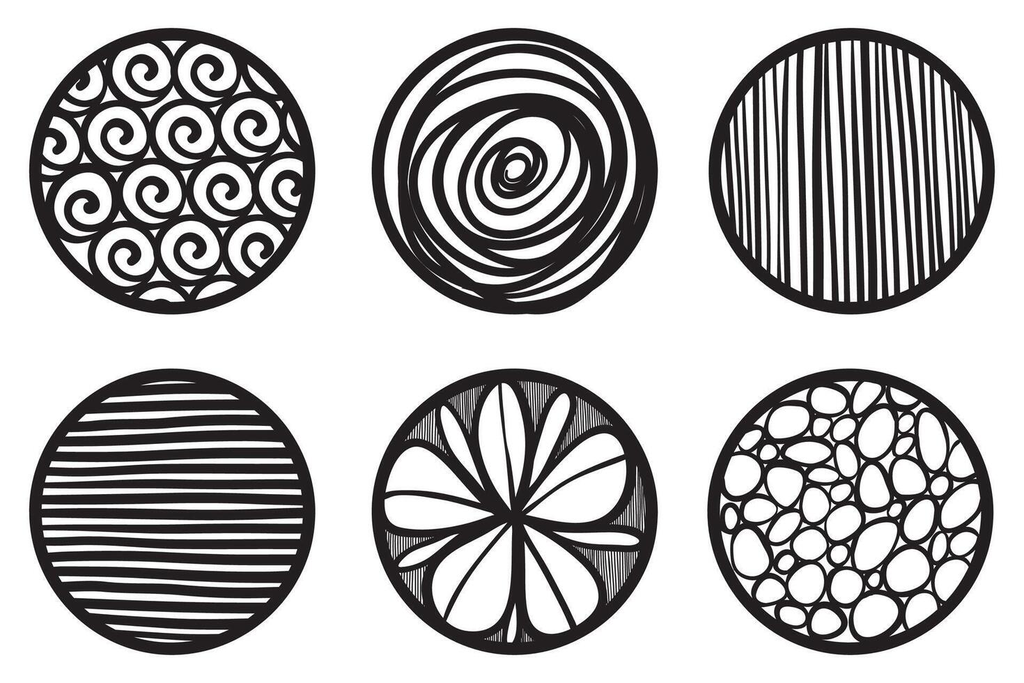 Set of round Abstract black Backgrounds or Patterns. Hand drawn doodle shapes. Spots, drops, curves, Lines. Contemporary modern trendy illustration. Posters, Social media Icons templates vector